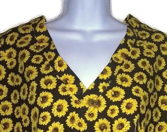PREMADE!  3X Sunflowers on Black Medical Surgical Scrub Top