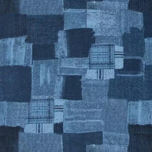 May include: Abstract patchwork design in shades of blue. The pattern features a collage of rectangular and square shapes in varying textures and tones, creating a textured, artistic effect. The design includes darker navy and lighter sky blue elements.
