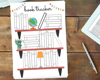 May include: A printable book tracker with a bookshelf design. The tracker has three shelves with spaces to write in the titles of books read. The tracker also features a globe, a lamp, and a statue of the Statue of Liberty.