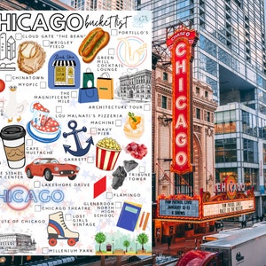 K&ouml;nnte beinhalten: Eine Chicago-Bucket-List-Checkliste mit Illustrationen von Sehensw&uuml;rdigkeiten, Essen und Aktivit&auml;ten, darunter Cloud Gate, Wrigley Field, ein Hotdog, ein Saxophon, eine Kaffeetasse, ein rotes Auto, ein Rollschuh und der Text Chicago bucket list.