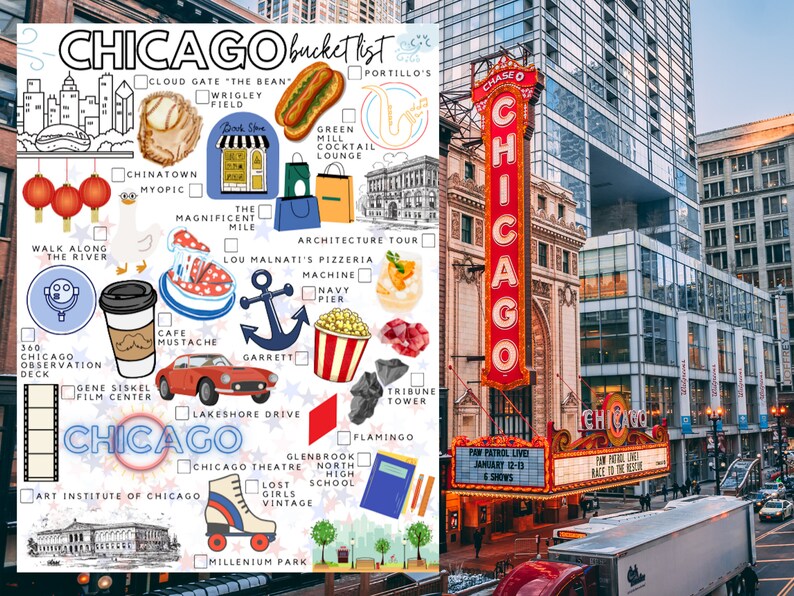 K&ouml;nnte beinhalten: Eine Chicago-Bucket-List-Checkliste mit Illustrationen von Sehensw&uuml;rdigkeiten, Essen und Aktivit&auml;ten, darunter Cloud Gate, Wrigley Field, ein Hotdog, ein Saxophon, eine Kaffeetasse, ein rotes Auto, ein Rollschuh und der Text Chicago bucket list.
