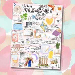 May include: Watercolor-style self-care checklist with illustrations of a sheep, breakfast, a kite, and a book. The checklist includes prompts like "Sleep In," "Go for a walk outside," and "Make a grocery list with intention."