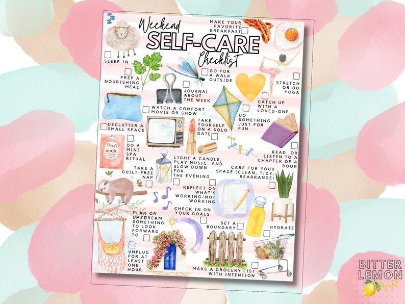 May include: Watercolor-style self-care checklist with illustrations of a sheep, breakfast, a kite, and a book. The checklist includes prompts like "Sleep In," "Go for a walk outside," and "Make a grocery list with intention."