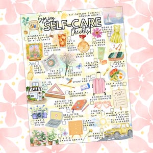 May include: A watercolor illustration of a spring self-care checklist with various activities like trying new recipes, wearing spring outfits, and decluttering. The checklist is decorated with floral elements and includes text.