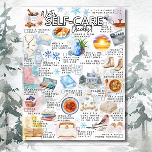 May include: A watercolor-style Winter Self-Care Checklist with various self-care activities, including lighting a candle, watching a movie, and baking. The checklist is decorated with snowflakes and winter-themed illustrations.
