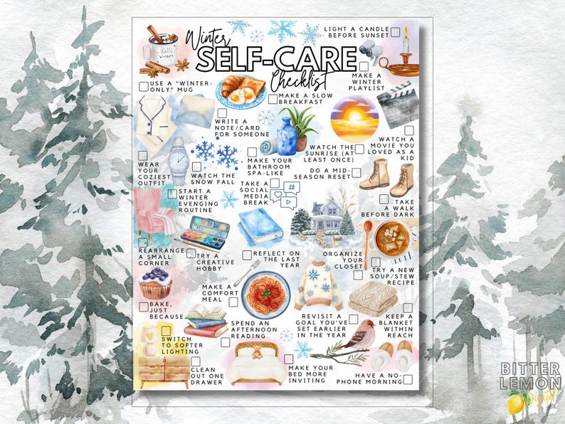 Pode incluir: Uma lista de verifica&ccedil;&atilde;o de autocuidado de inverno em estilo aquarela com v&aacute;rias atividades de autocuidado, incluindo acender uma vela, assistir a um filme e assar. A lista de verifica&ccedil;&atilde;o &eacute; decorada com flocos de neve e ilustra&ccedil;&otilde;es tem&aacute;ticas de inverno.