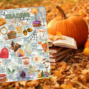 May include: A rectangular Fall Reading Challenge checklist featuring watercolor illustrations of pumpkins, books, coffee, and autumn foliage. The grid includes text prompts like You Read During A Storm and Is Set In Autumn, with checkboxes for tracking reading progress.