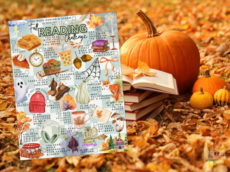 May include: A rectangular Fall Reading Challenge checklist featuring watercolor illustrations of pumpkins, books, coffee, and autumn foliage. The grid includes text prompts like You Read During A Storm and Is Set In Autumn, with checkboxes for tracking reading progress.