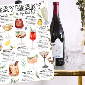 K&ouml;nnte beinhalten: Ein dekorativer Druck mit dem Titel "Very Merry Mocktail List", der Aquarellillustrationen von Mocktails mit ihren Zutaten zeigt. Der Druck ist ideal f&uuml;r festliche Anl&auml;sse. Eine Weinflasche und Gl&auml;ser sind im Hintergrund zu sehen.