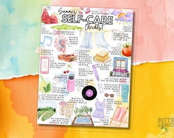 May include: A Summer Self-Care Checklist printed on paper featuring watercolor illustrations of summer items like watermelon, a seashell, a vinyl record, a beach chair, and a pool, with checkboxes next to text prompts for seasonal activities.