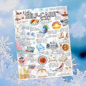 Pode incluir: Uma lista de verifica&ccedil;&atilde;o de autocuidado de inverno em estilo aquarela com v&aacute;rias atividades de autocuidado. A lista de verifica&ccedil;&atilde;o inclui itens como "Fa&ccedil;a um caf&eacute; da manh&atilde; lento", "Assista ao nascer do sol" e "Tenha uma manh&atilde; sem telefone".