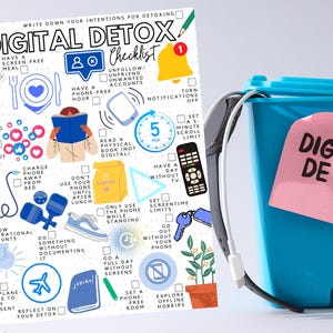 May include: A digital detox checklist with icons and text, including "Digital Detox" on a pink sticky note and a blue trash can. The checklist includes prompts like "Have a screen-free meal" and "Go out without your phone."