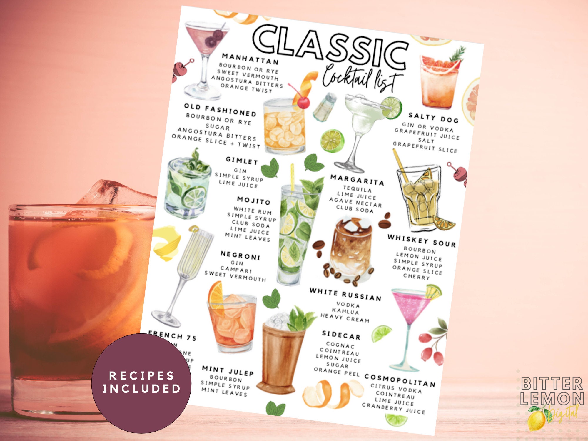 【洋書】cocktails STYLE RECIPES Printable Classic Cocktail List | Old Fashioned Classic