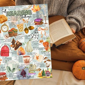 May include: A rectangular fall reading challenge checklist featuring a light blue and white checkered background with various autumn-themed illustrations including pumpkins, leaves, a fox, a ghost, books, and coffee, with text prompts for readers.
