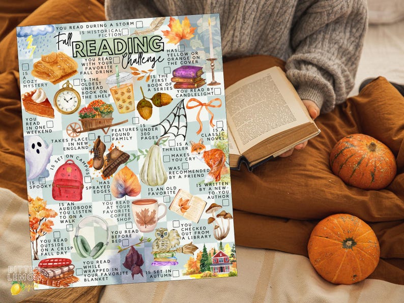 May include: A rectangular fall reading challenge checklist featuring a light blue and white checkered background with various autumn-themed illustrations including pumpkins, leaves, a fox, a ghost, books, and coffee, with text prompts for readers.