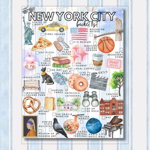May include: A New York City bucket list poster featuring watercolour illustrations of iconic landmarks and items like the Statue of Liberty, a yellow taxi, a slice of pizza, the Brooklyn Bridge, a basketball, a bagel, a pretzel, and a pigeon.
