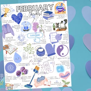 Könnte beinhalten: Ein druckbarer Februar-Checkliste mit Illustrationen und Kontrollkästchen. Die Checkliste enthält Aufgaben wie "Zeigen Sie sich selbst Liebe", "Lesen Sie ein Buch von Ihrer TBR-Liste", "Führen Sie eine digitale Entgiftung durch", "Holen Sie sich täglich frische Luft", "Priorisieren Sie die Flüssigkeitszufuhr", "Erstellen Sie eine Playlist", "Gehen Sie früh ins Bett" und "Erstellen Sie eine Dankbarkeitsliste".