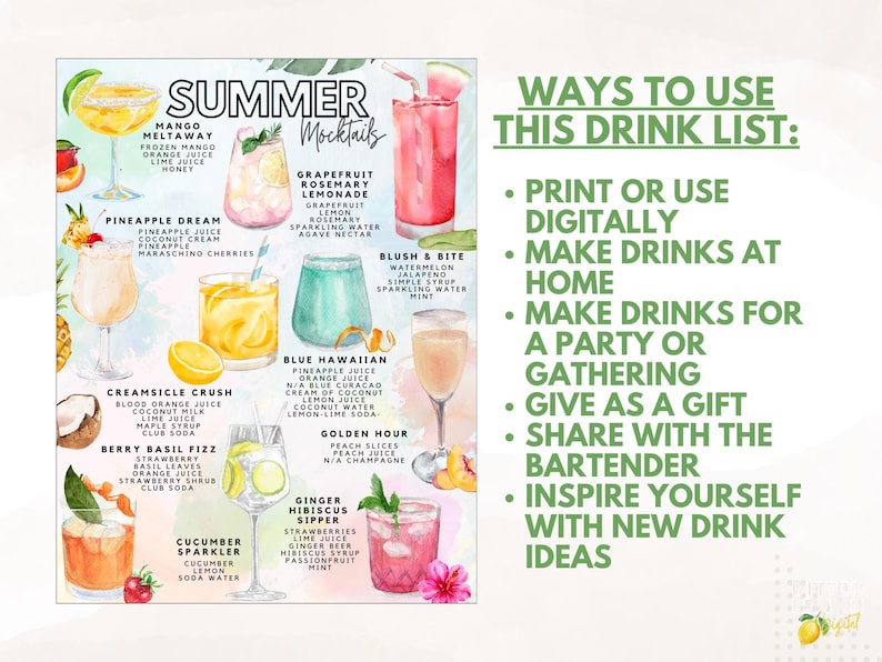Summer Mocktails Recipes Printable | Non Alcoholic Pool Party Drinks image 2