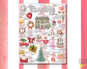 May include: A Holiday Reading Challenge checklist featuring watercolor illustrations of festive items like a house, wreath, snowman, and gifts. The text includes prompts such as Includes Santa, Has a Family Secret, and Features a Festive Party.