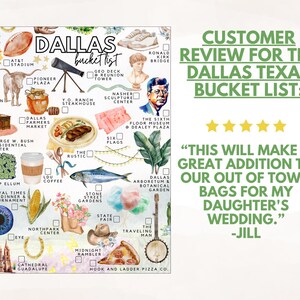 May include: A Dallas bucket list checklist poster featuring watercolor illustrations of local landmarks, food, and icons like a football, telescope, cowboy hat, and banjo, with checkboxes next to each item and the text Dallas bucket list at the top.