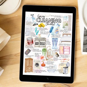 May include: A digital tablet displaying a Spring Cleaning Checklist with watercolour illustrations of household items like a vacuum, cleaning supplies, furniture, and appliances, accompanied by text labels for various cleaning tasks.