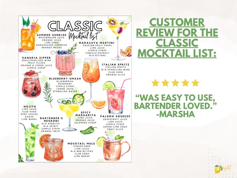 May include: A watercolor-style print featuring a "Classic Mocktail List" with various drink illustrations and ingredients. The poster includes a customer review and a logo. The drinks include Summer Sunrise, Sangria Sipper, and Mojito.