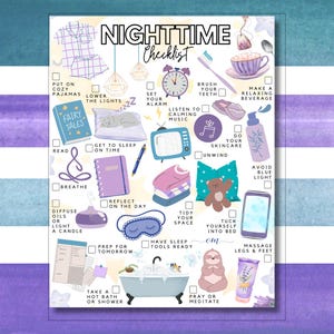 May include: A Nighttime Checklist printable featuring illustrations of bedtime routines including pajamas, a book, a bathtub, a clock, and skincare products. The text includes tasks like brush your teeth, read, and meditate, organized with checkboxes for tracking nightly habits.