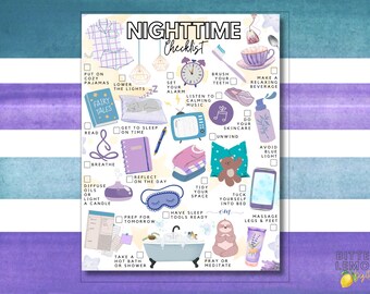 Pode incluir: Uma lista de verificação noturna imprimível com ilustrações de rotinas de dormir, incluindo pijamas, um livro, uma banheira, um relógio e produtos de cuidados com a pele. O texto inclui tarefas como escovar os dentes, ler e meditar, com caixas de seleção.