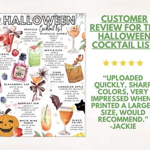 May include: A Halloween cocktail list featuring illustrated drinks like Dracula and Beetlejuice. The list includes ingredients and is accompanied by a customer review. A pumpkin illustration is at the bottom left.