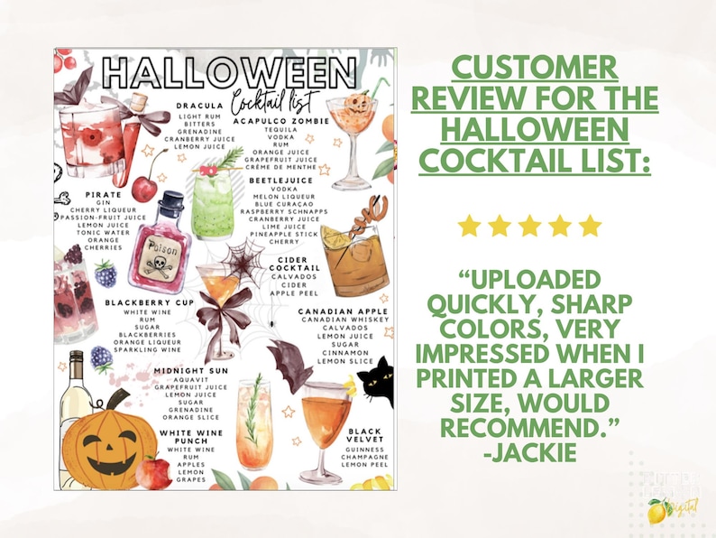 May include: A Halloween cocktail list featuring illustrated drinks like Dracula and Beetlejuice. The list includes ingredients and is accompanied by a customer review. A pumpkin illustration is at the bottom left.
