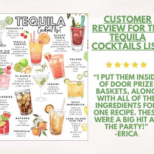 May include: A colorful tequila cocktail list poster featuring illustrations of various drinks like Margarita, Bloody Maria, and Paloma. Includes a customer review and a lemon logo.