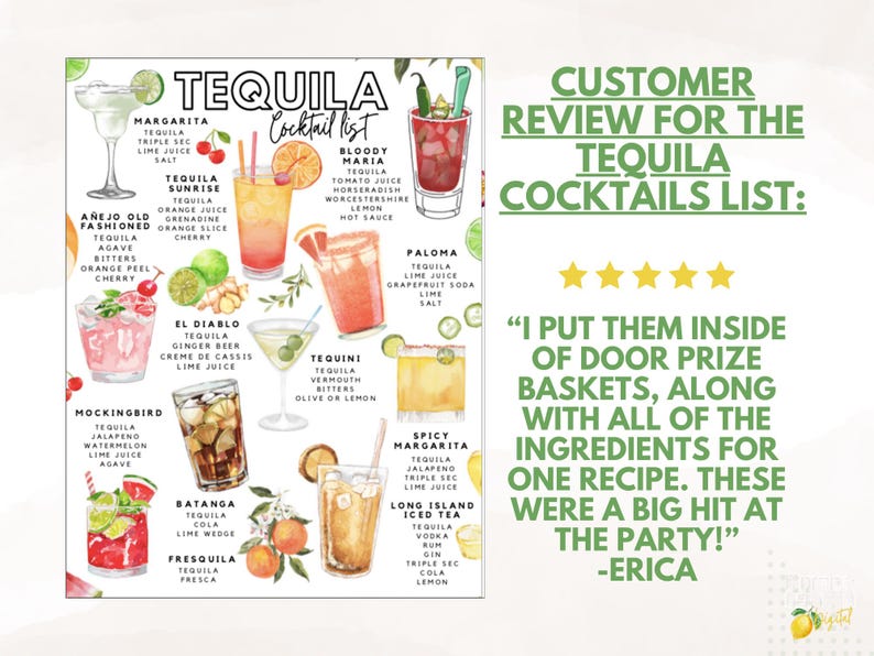 May include: A colorful tequila cocktail list poster featuring illustrations of various drinks like Margarita, Bloody Maria, and Paloma. Includes a customer review and a lemon logo.