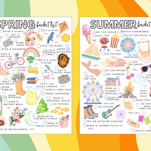 May include: Two colorful bucket list posters, one for spring and one for summer, with illustrations of seasonal activities. The spring list includes a picnic, bike ride, and planting seeds. The summer list features ice cream, fireworks, and swimming.