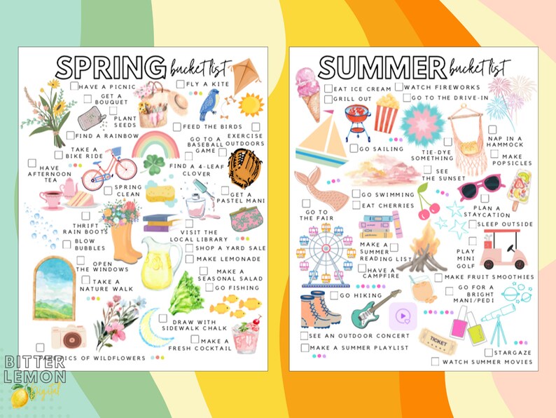 May include: Two colorful bucket list posters, one for spring and one for summer, with illustrations of seasonal activities. The spring list includes a picnic, bike ride, and planting seeds. The summer list features ice cream, fireworks, and swimming.