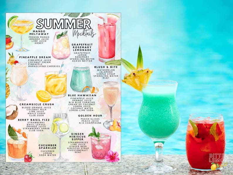 May include: A vibrant image showcasing a menu of summer mocktails, with a refreshing turquoise drink garnished with pineapple and a red cocktail. The menu features various mocktail recipes like Mango Meltaway and Blue Hawaiian, perfect for a sunny day.