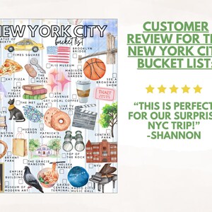 May include: A New York City bucket list poster featuring watercolour illustrations of iconic landmarks and items like the Statue of Liberty, a yellow taxi, pizza, a bagel, and a basketball. The text reads NEW YORK CITY bucket list and includes checkboxes.