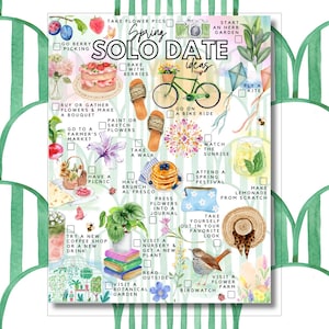 Peut inclure: Une liste de contrôle rectangulaire intitulée Spring Solo Date Ideas avec des illustrations à l'aquarelle d'un gâteau, d'un vélo, de pancakes, de livres, d'un chapeau de paille et diverses activités. Chaque élément possède une case à cocher.