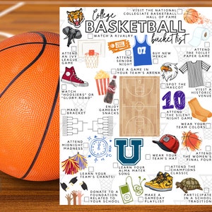 May include: A printable checklist of things to do for college basketball fans. The checklist includes items like attending a game, buying new merch, and watching a rivalry. The checklist is illustrated with basketball-themed images, including a basketball hoop, a basketball, a referee, and a mascot.