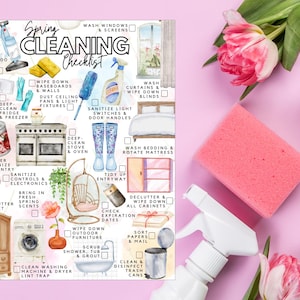 May include: A Spring Cleaning Checklist printed on paper featuring watercolour illustrations of household items like a vacuum, stove, and bathtub, with text instructions for cleaning tasks. The checklist includes checkboxes for tracking progress.