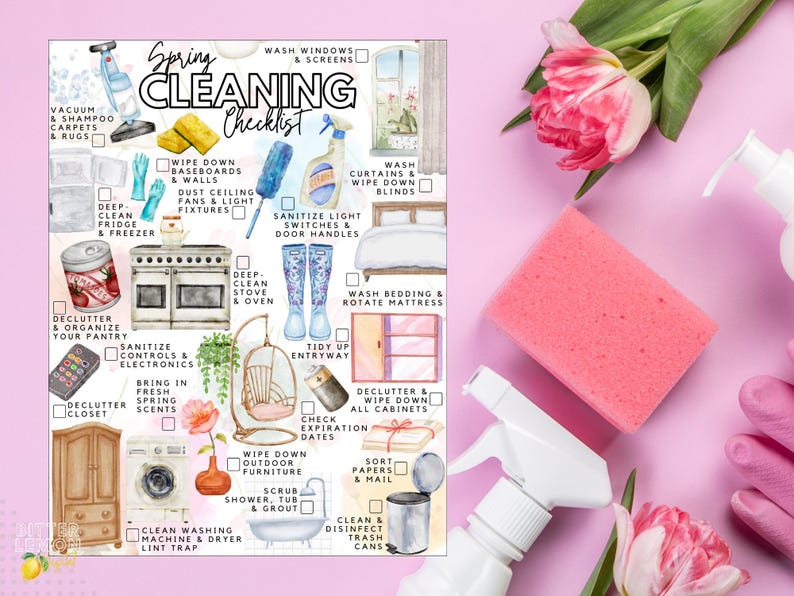 May include: A Spring Cleaning Checklist printed on paper featuring watercolour illustrations of household items like a vacuum, stove, and bathtub, with text instructions for cleaning tasks. The checklist includes checkboxes for tracking progress.