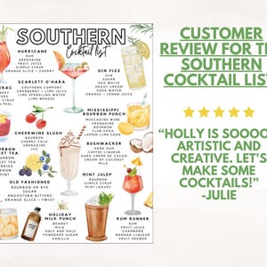 May include: A watercolor-style Southern cocktail list featuring various drink recipes, including Hurricane, Sazerac, and Gin Fizz. The image includes a customer review and a logo with a lemon.