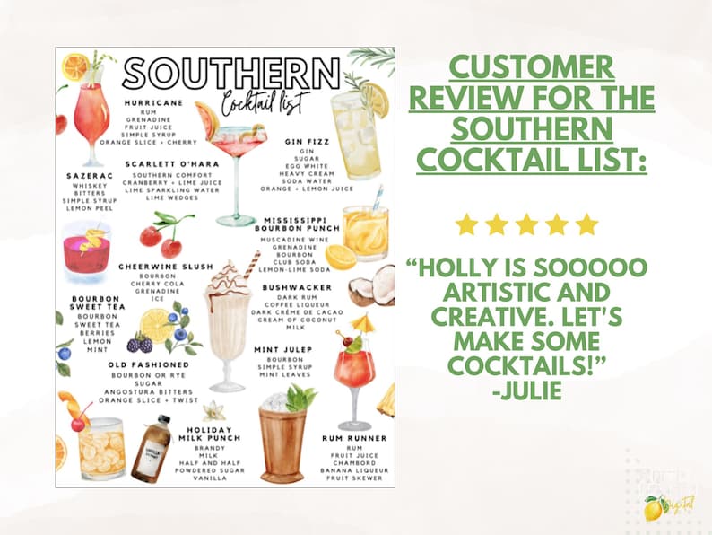 May include: A watercolor-style Southern cocktail list featuring various drink recipes, including Hurricane, Sazerac, and Gin Fizz. The image includes a customer review and a logo with a lemon.
