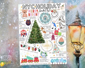 Könnte beinhalten: Eine druckbare NYC-Weihnachts-Bucket-Liste mit Illustrationen von weihnachtlichen Aktivitäten und Attraktionen. Die Liste enthält Aktivitäten wie Eislaufen, den Besuch des Weihnachtsbaums am Rockefeller Center und die Erkundung des Central Parks.