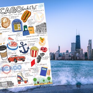 K&ouml;nnte beinhalten: Ein Chicago-Bucket-List-Poster mit bunten Illustrationen von Sehensw&uuml;rdigkeiten, Speisen und Aktivit&auml;ten mit Kontrollk&auml;stchen. Die Symbole umfassen einen Hotdog, ein Saxophon, ein rotes Auto, einen Kaffeebecher, einen Anker und Popcorn.