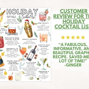 May include: A colorful holiday cocktail list with illustrations of various drinks, including the "Real Santa Claus" and "Free Frosty." The list also features a customer review praising the recipes.