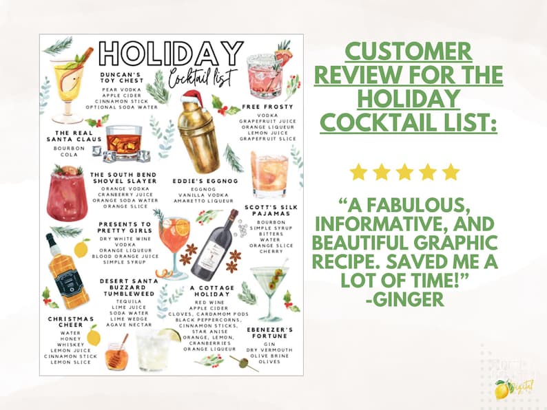 May include: A colorful holiday cocktail list with illustrations of various drinks, including the "Real Santa Claus" and "Free Frosty." The list also features a customer review praising the recipes.