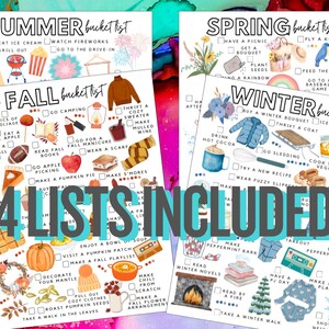 May include: Four seasonal bucket lists are displayed, including Summer, Fall, Spring, and Winter. Each list features watercolor illustrations of activities like eating ice cream, going camping, having a picnic, and ice skating. The text "4 LISTS INCLUDED" is overlaid.