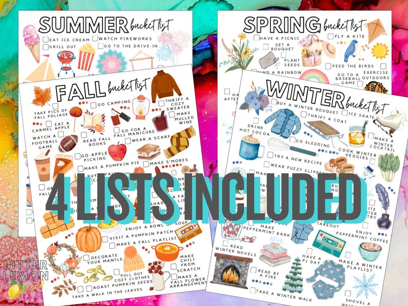 May include: Four seasonal bucket lists are displayed, including Summer, Fall, Spring, and Winter. Each list features watercolor illustrations of activities like eating ice cream, going camping, having a picnic, and ice skating. The text "4 LISTS INCLUDED" is overlaid.