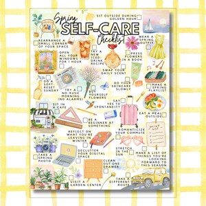 May include: A watercolour "Spring Self-Care Checklist" on a yellow gingham background. The checklist features illustrations and prompts such as "Try a new iced-drink recipe" and "Declutter your digital space". The Bitter Lemon logo is visible.