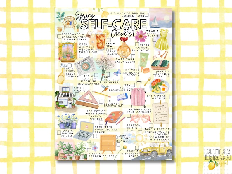 May include: A watercolour "Spring Self-Care Checklist" on a yellow gingham background. The checklist features illustrations and prompts such as "Try a new iced-drink recipe" and "Declutter your digital space". The Bitter Lemon logo is visible.